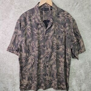 Baracuta 100% Silk Camp Shirt Mens XL Brown Tropical Leaf Button Up Short Sleeve